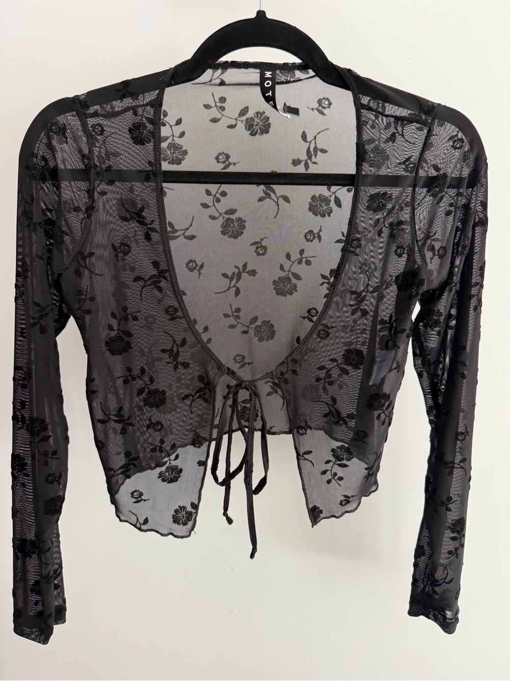 Motel Rocks Black Sheer Floral Tie-Front Mesh Cardigan